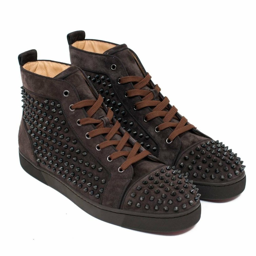 Christian Louboutin Mens Louis Flat Spike Orlato Size US14.5 EU47.5 Brown Suede